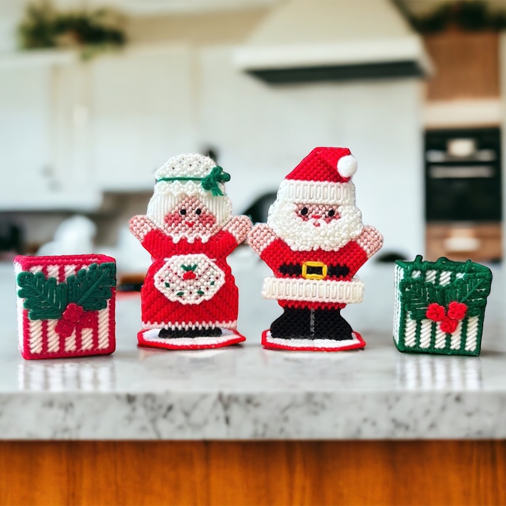 Vintage Christmas Santa & Mrs. Santa Claus Needlepoint Standing Figures Presents